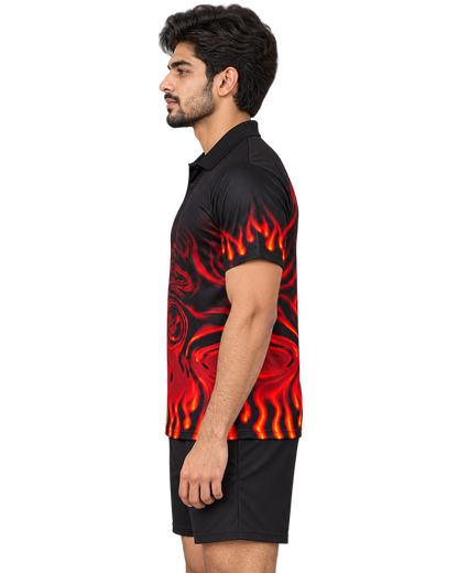 Crimson Ember flame polo left-facing profile