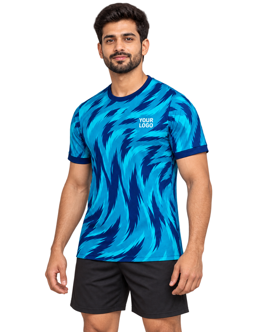 Cyan Vortex jersey front three-quarter view