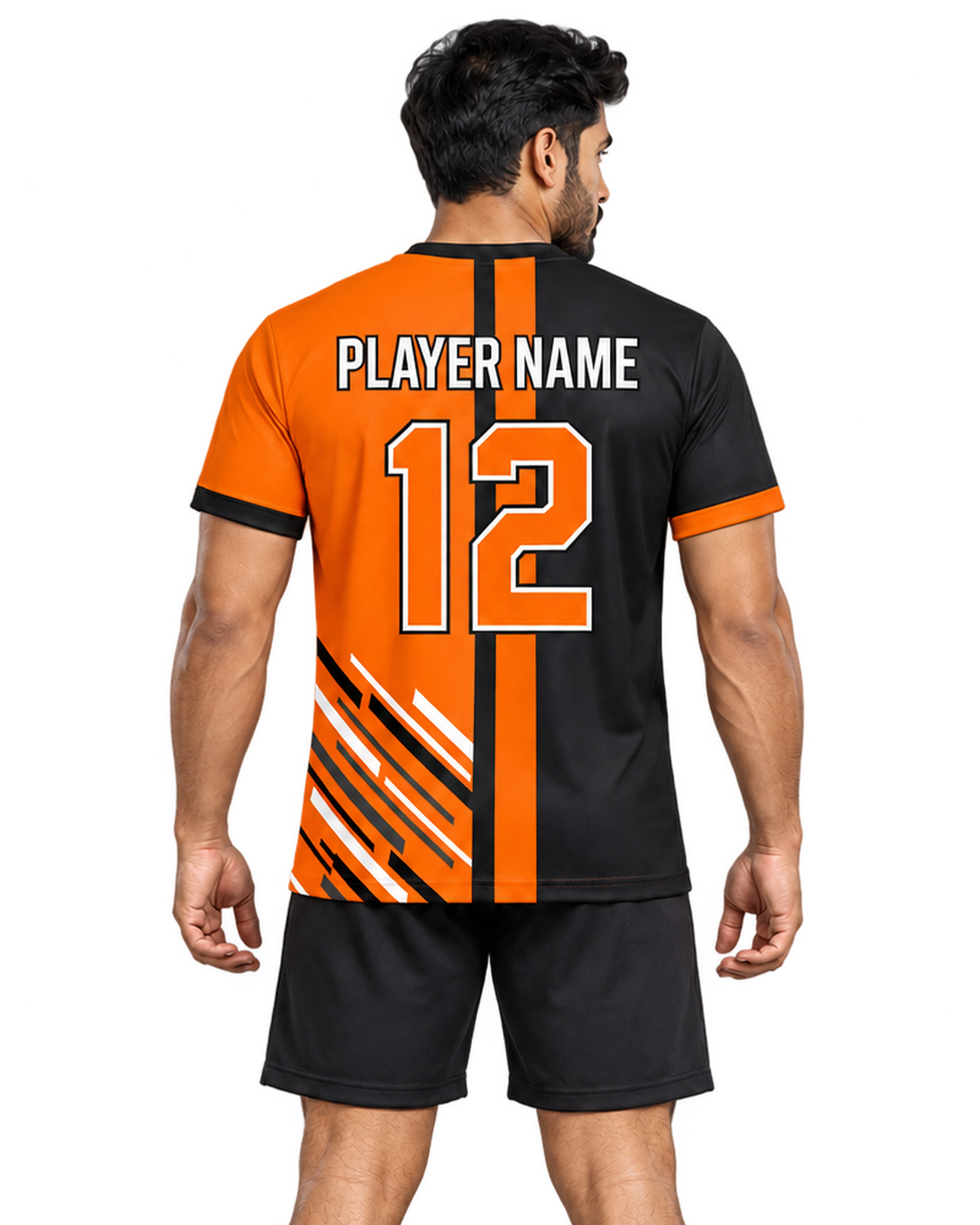 Ember Split jersey, back model view with player name and number, plain sports shorts