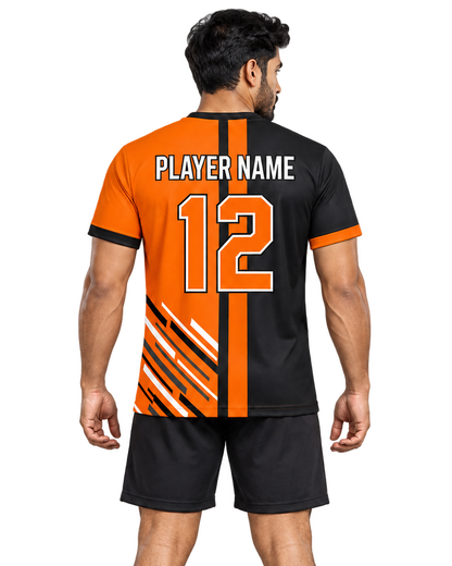 Ember Split jersey, back model view with player name and number, plain sports shorts