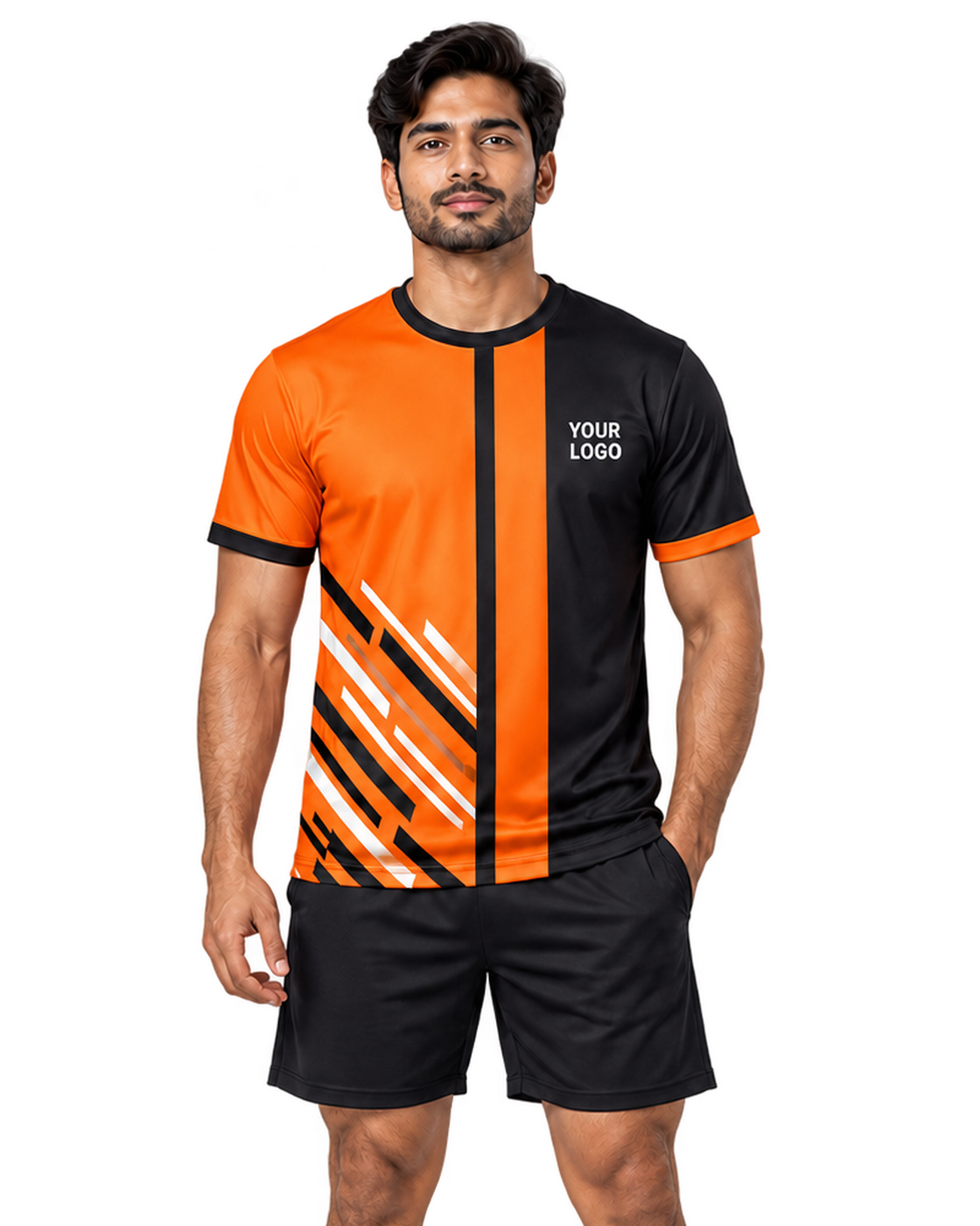 Ember Split jersey, front model view with plain sports shorts