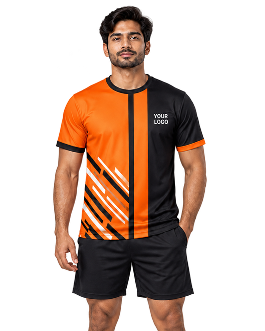 Ember Split jersey, front model view with plain sports shorts