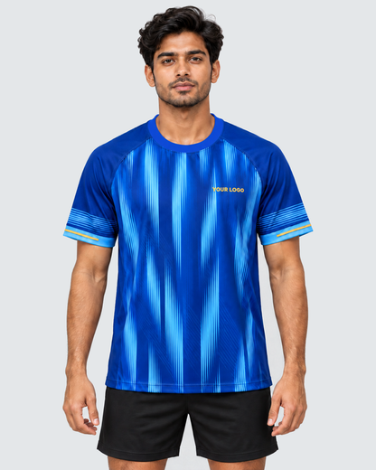 Front view with a plain bright royal-blue neckline on royal-blue vertical pinstripe custom jersey; plain black shorts, flat light-grey background