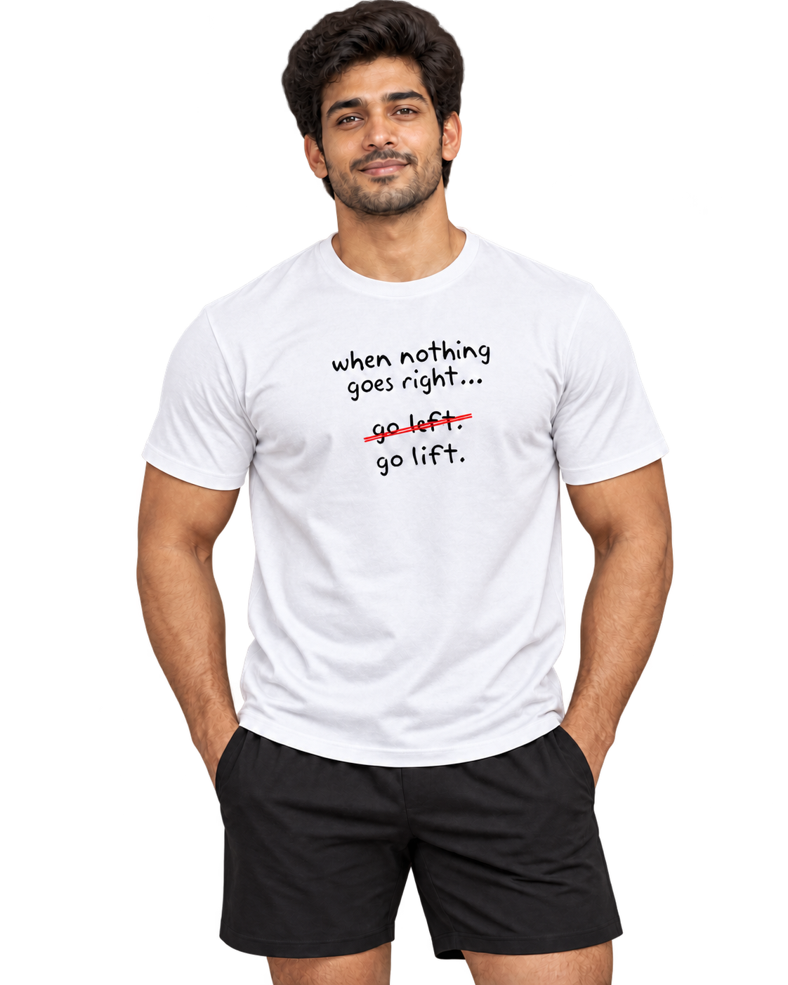 SWANKYFY Go Lift white-front with realistic DTF print following cotton texture, transparent background