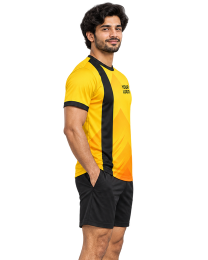 Golden Arc jersey, alternate side model view, plain sports shorts