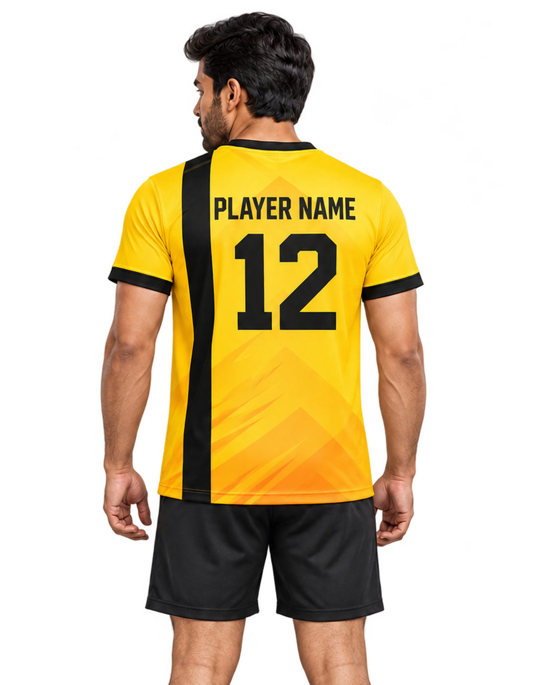 Golden Arc jersey, back model view with player name and number, plain sports shorts