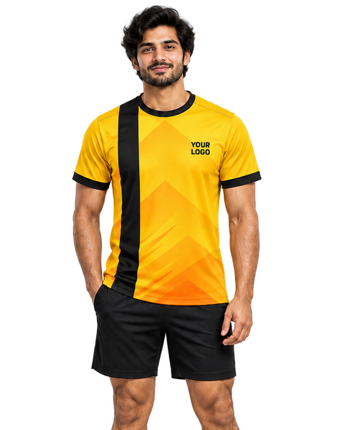 Golden Arc jersey, front model view with plain sports shorts