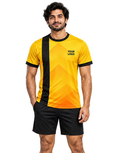 Golden Arc jersey, front model view with plain sports shorts