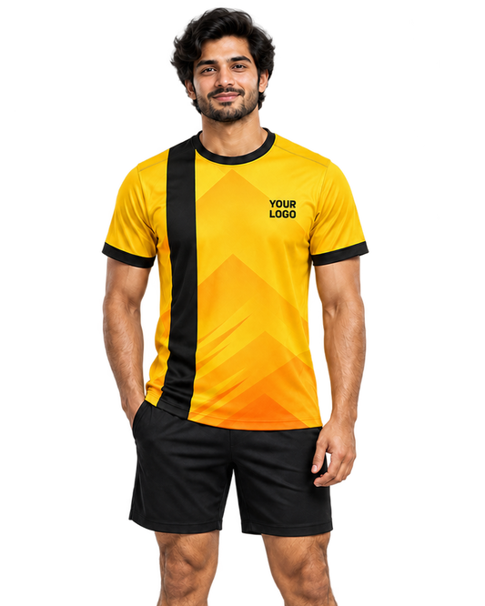 Golden Arc jersey, front model view with plain sports shorts