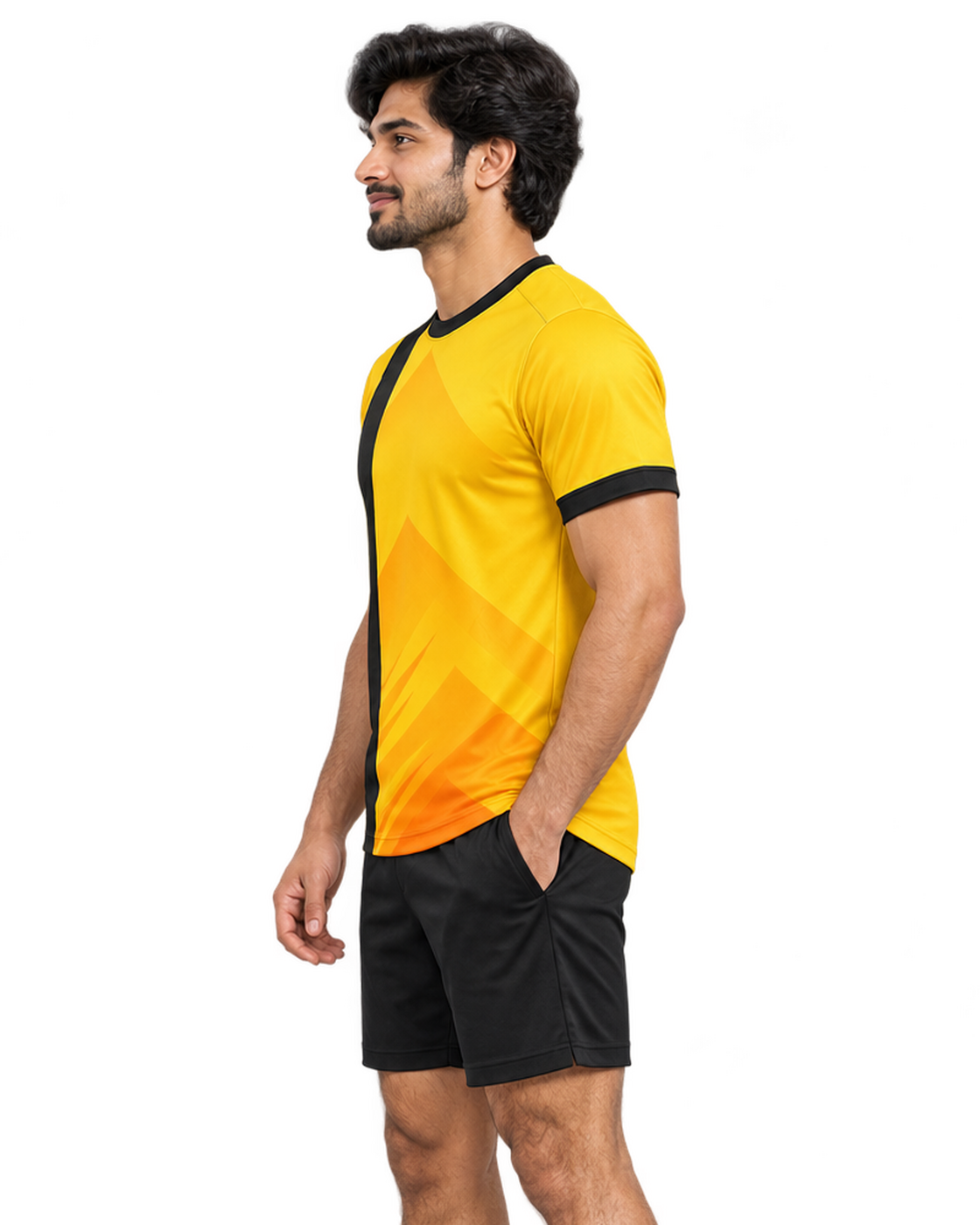 Golden Arc jersey, side model view, plain sports shorts