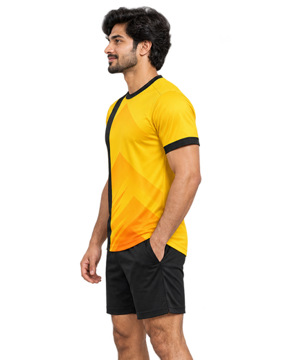 Golden Arc jersey, side model view, plain sports shorts