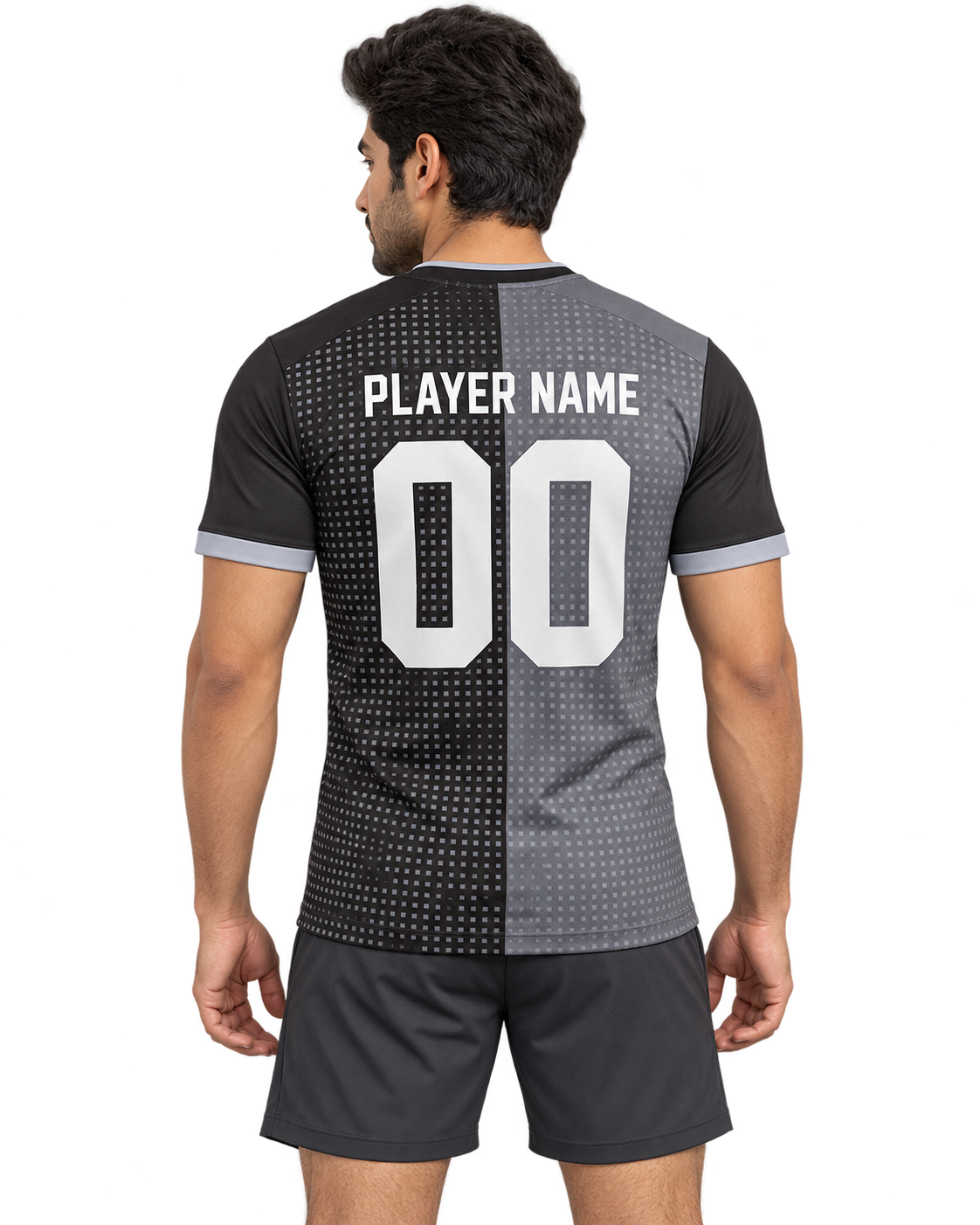 Single Indian male model in Graphite Pixel Split sports jersey, back view, plain sports shorts