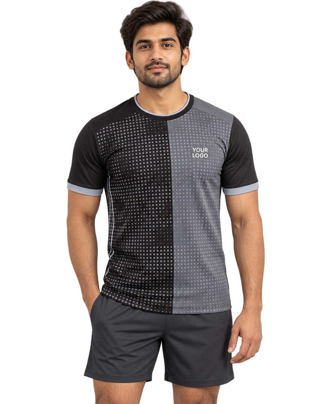 Single Indian male model in Graphite Pixel Split sports jersey, front view, plain sports shorts