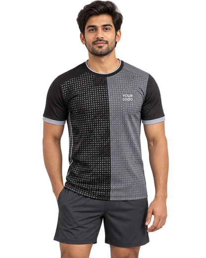 Single Indian male model in Graphite Pixel Split sports jersey, front view, plain sports shorts