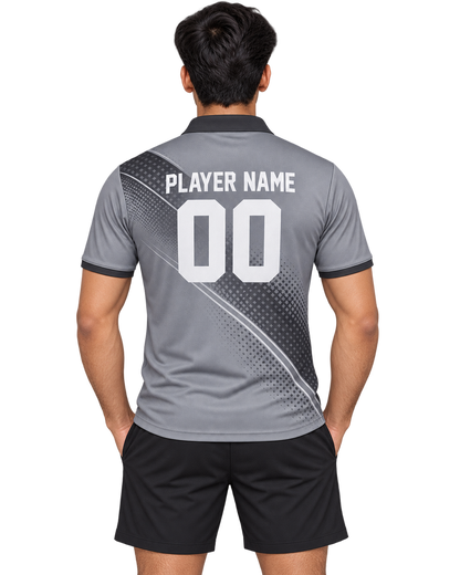 Graphite Vector grey sports polo jersey on an Indian male model wearing plain black sports shorts, back view showing custom player name and number