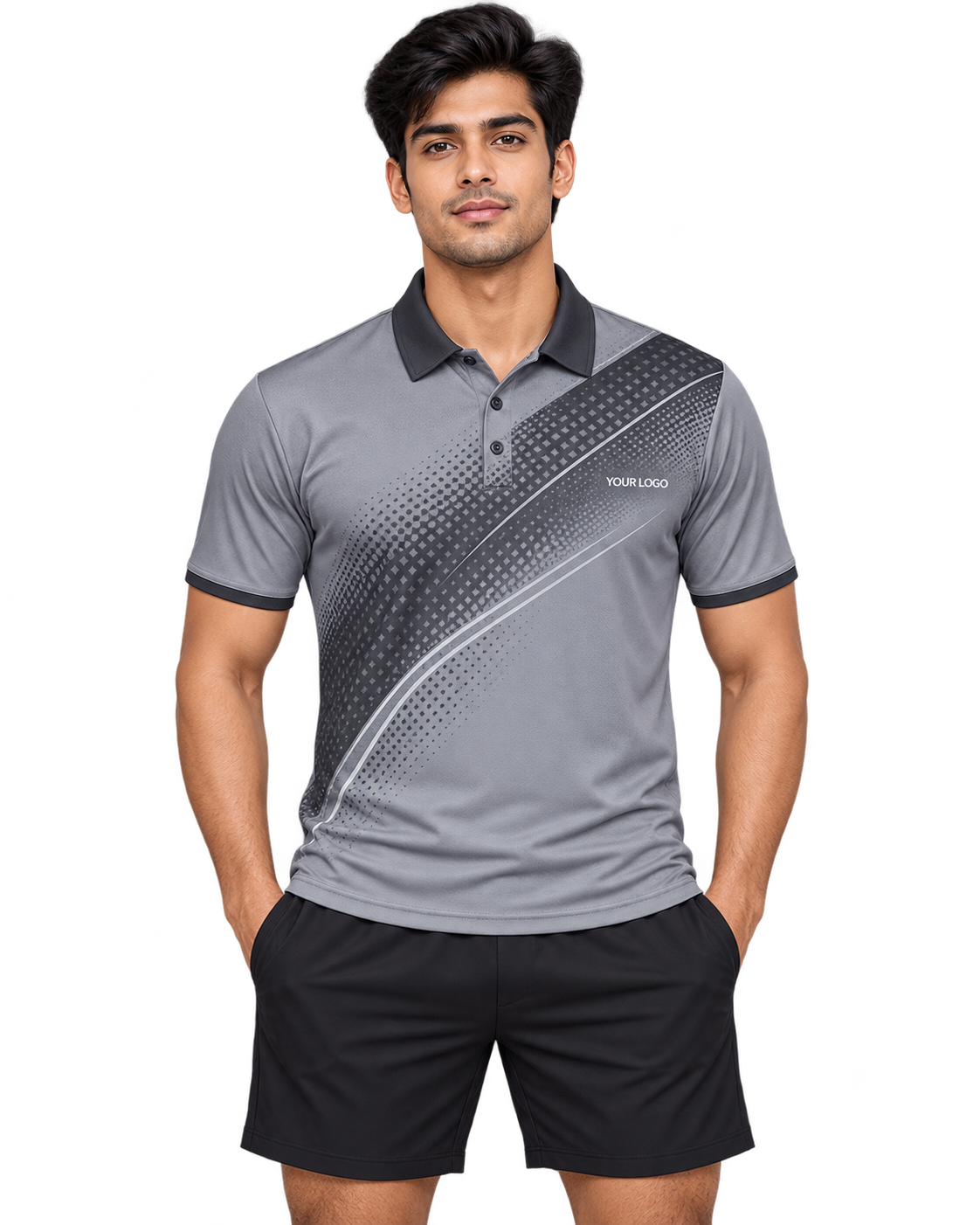 Graphite Vector grey sports polo jersey on an Indian male model wearing plain black sports shorts, front view