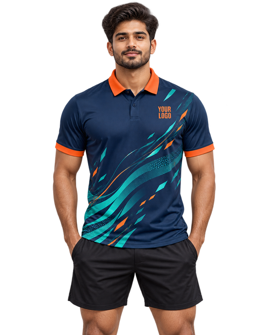 Harbour Pulse navy polo sports jersey shown on Indian male model wearing plain black sports shorts, front view