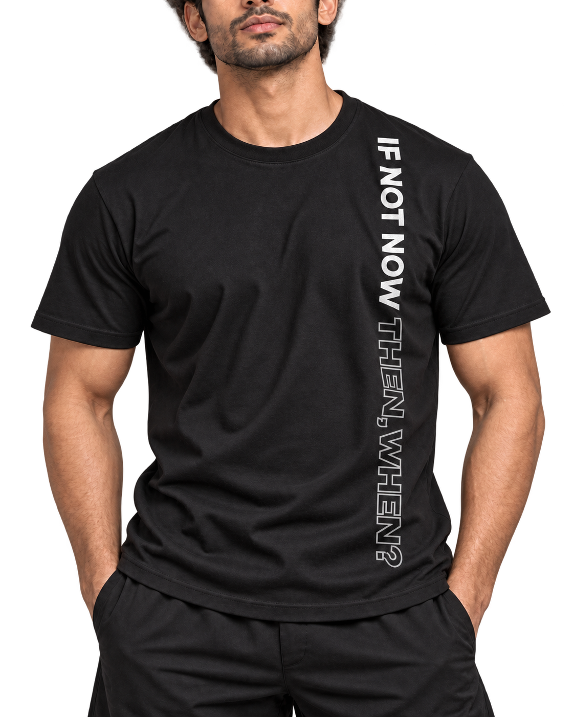 SWANKYFY If Not Now Then When black-detail, natural DTF print flowing with fabric folds, transparent background