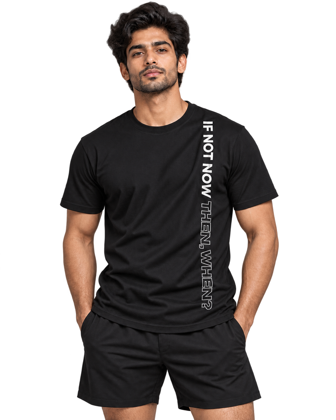 SWANKYFY If Not Now Then When black-front, natural DTF print flowing with fabric folds, transparent background