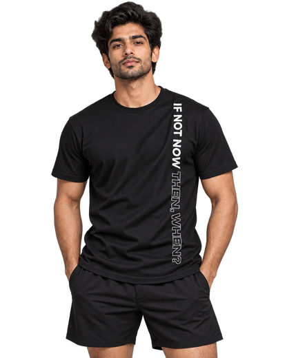 SWANKYFY If Not Now Then When black-front, natural DTF print flowing with fabric folds, transparent background