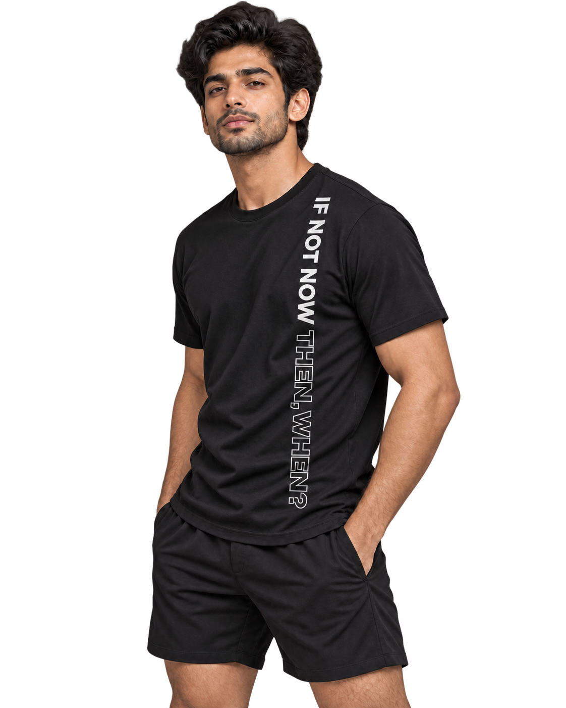SWANKYFY If Not Now Then When black-side, natural DTF print flowing with fabric folds, transparent background