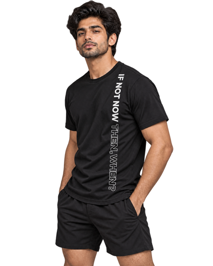 SWANKYFY If Not Now Then When black-side, natural DTF print flowing with fabric folds, transparent background
