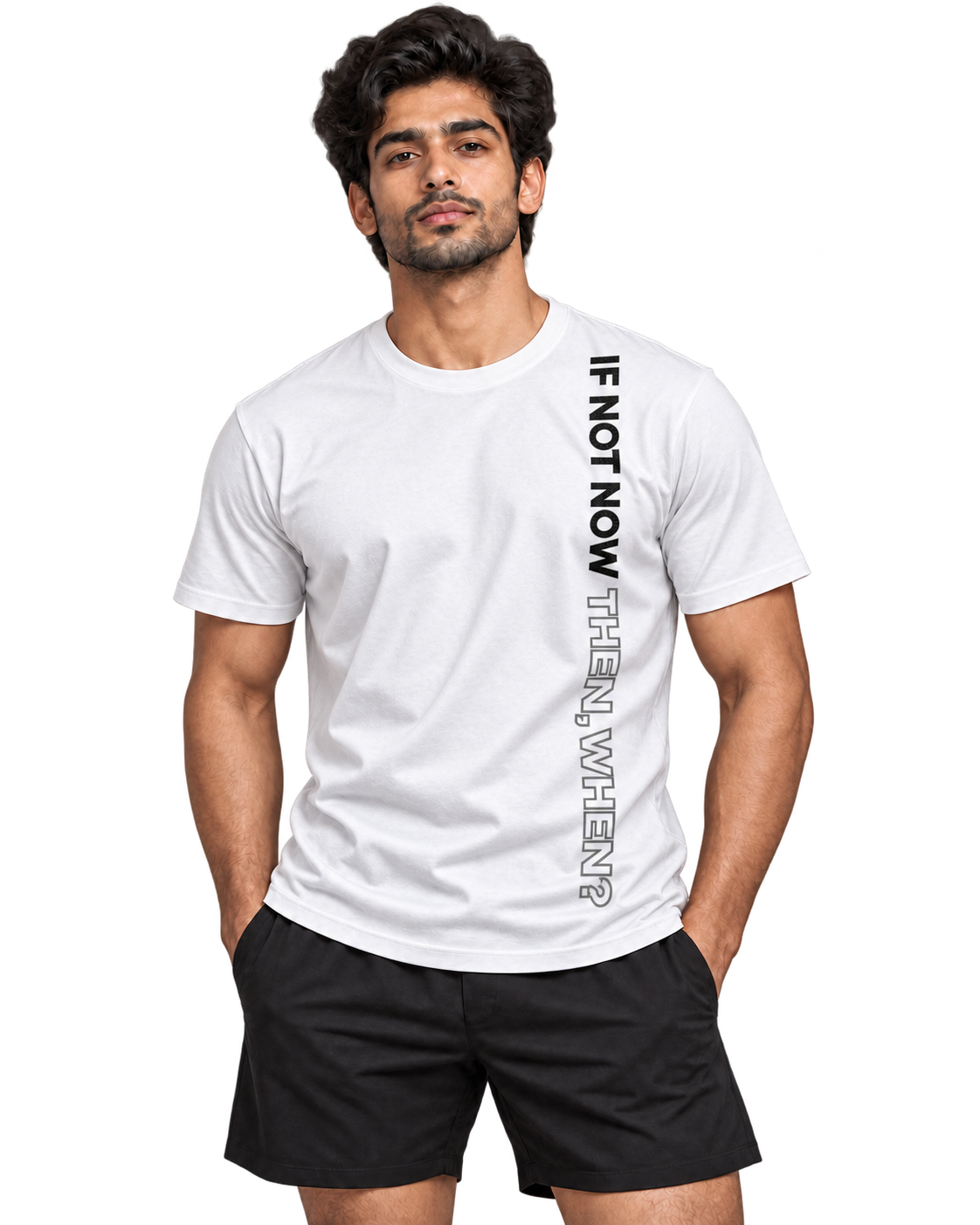 SWANKYFY If Not Now Then When white-front, natural DTF print flowing with fabric folds, transparent background