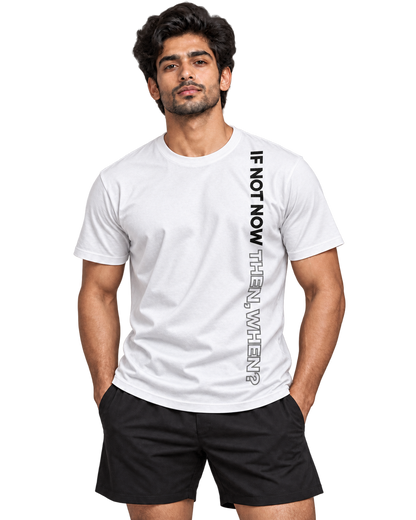 SWANKYFY If Not Now Then When white-front, natural DTF print flowing with fabric folds, transparent background