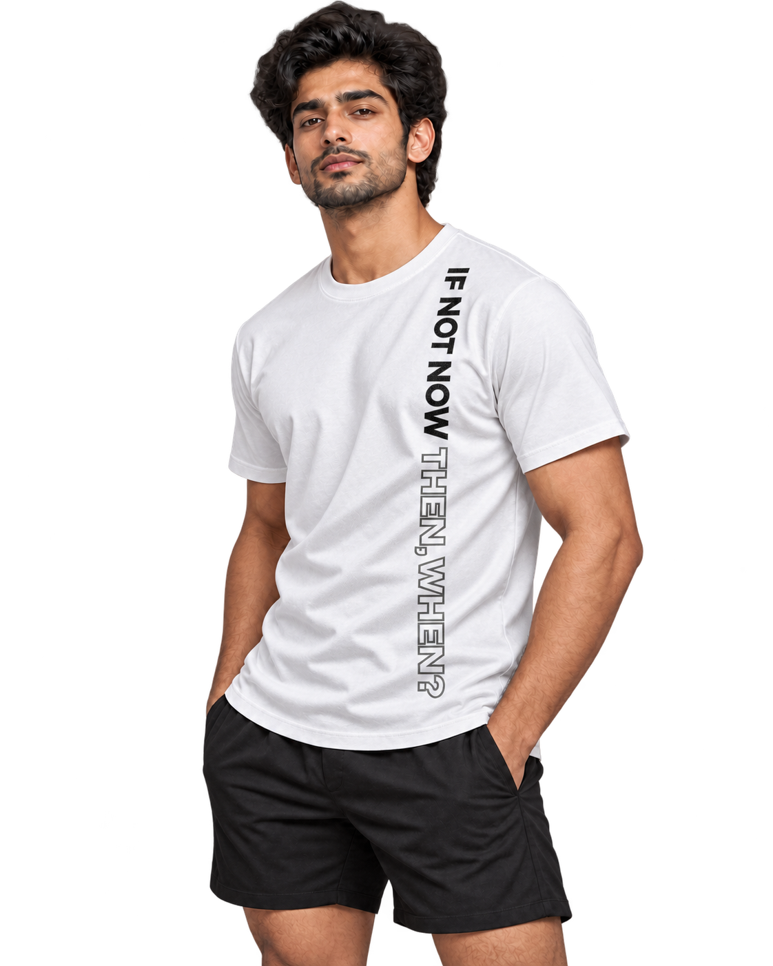 SWANKYFY If Not Now Then When white-side, natural DTF print flowing with fabric folds, transparent background