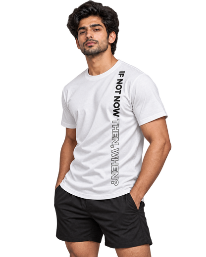 SWANKYFY If Not Now Then When white-side, natural DTF print flowing with fabric folds, transparent background
