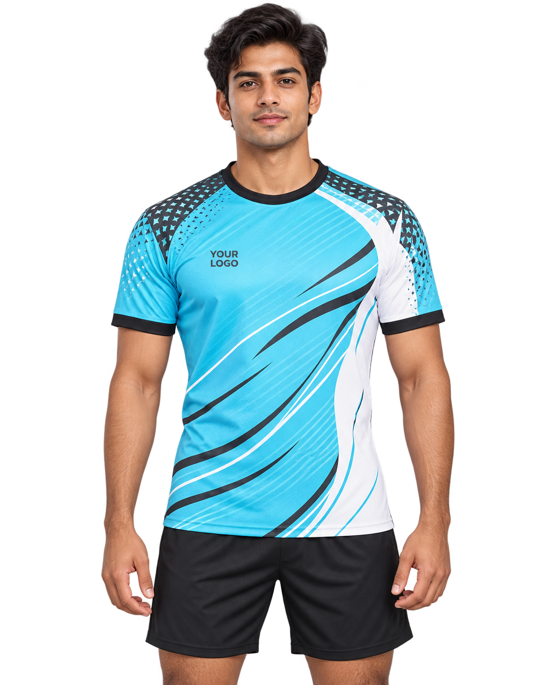 Lagoon Vector custom round-neck sports jersey front view on model wearing plain black sports shorts
