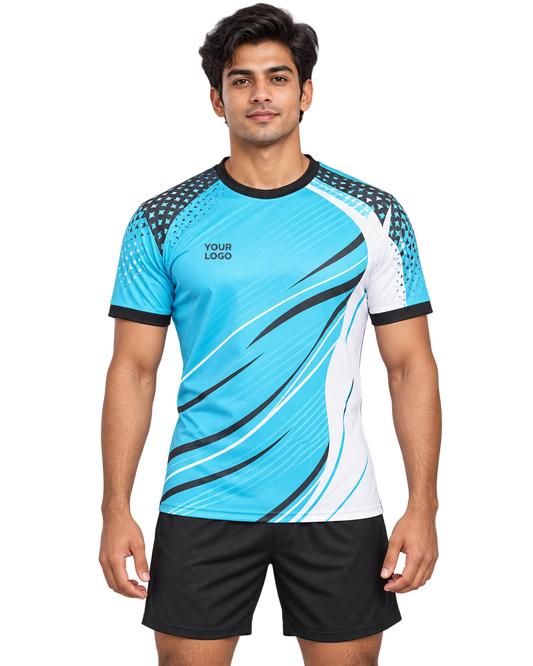 Lagoon Vector custom round-neck sports jersey front view on model wearing plain black sports shorts