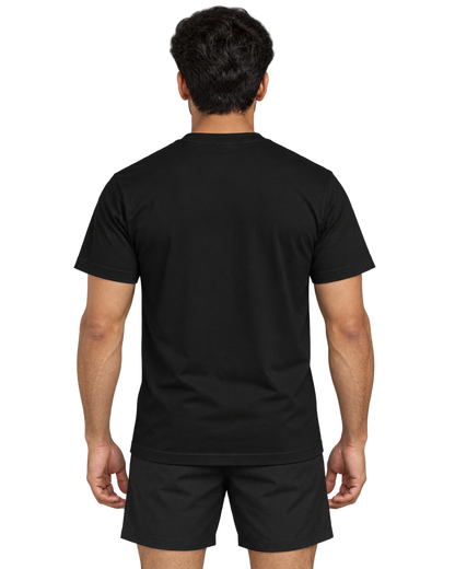 SWANKYFY black regular fit LEGENDARY cotton T-shirt back on Indian model, transparent background