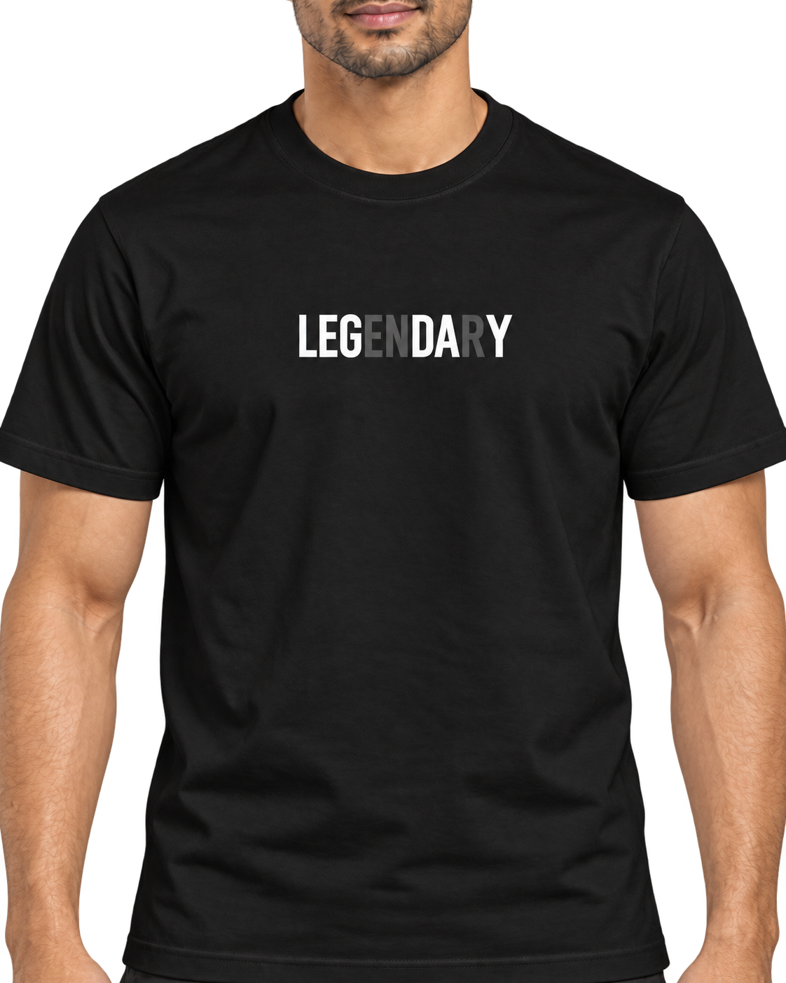 SWANKYFY black regular fit LEGENDARY cotton T-shirt detail on Indian model, transparent background