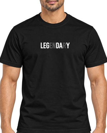SWANKYFY black regular fit LEGENDARY cotton T-shirt detail on Indian model, transparent background