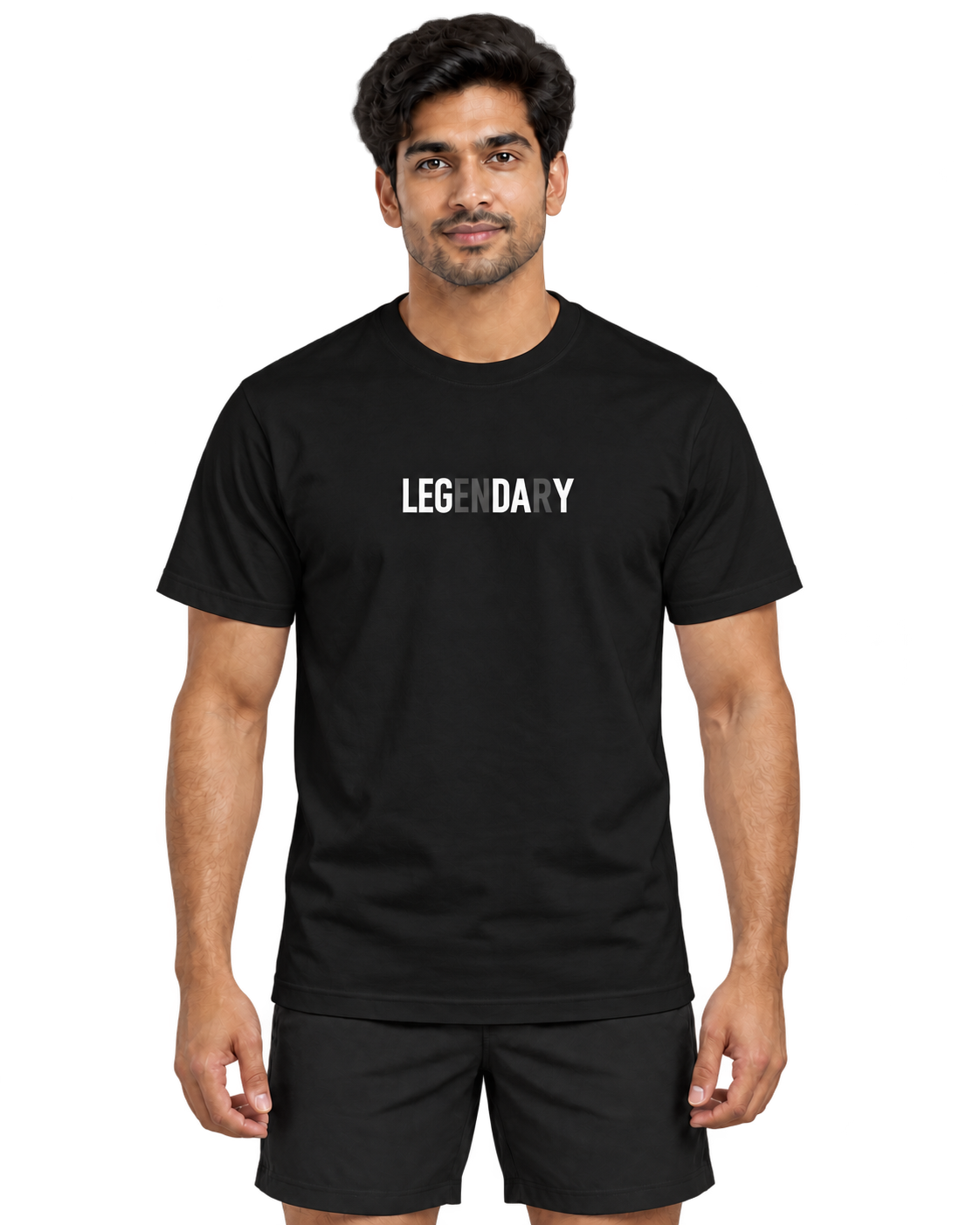SWANKYFY black regular fit LEGENDARY cotton T-shirt front on Indian model, transparent background