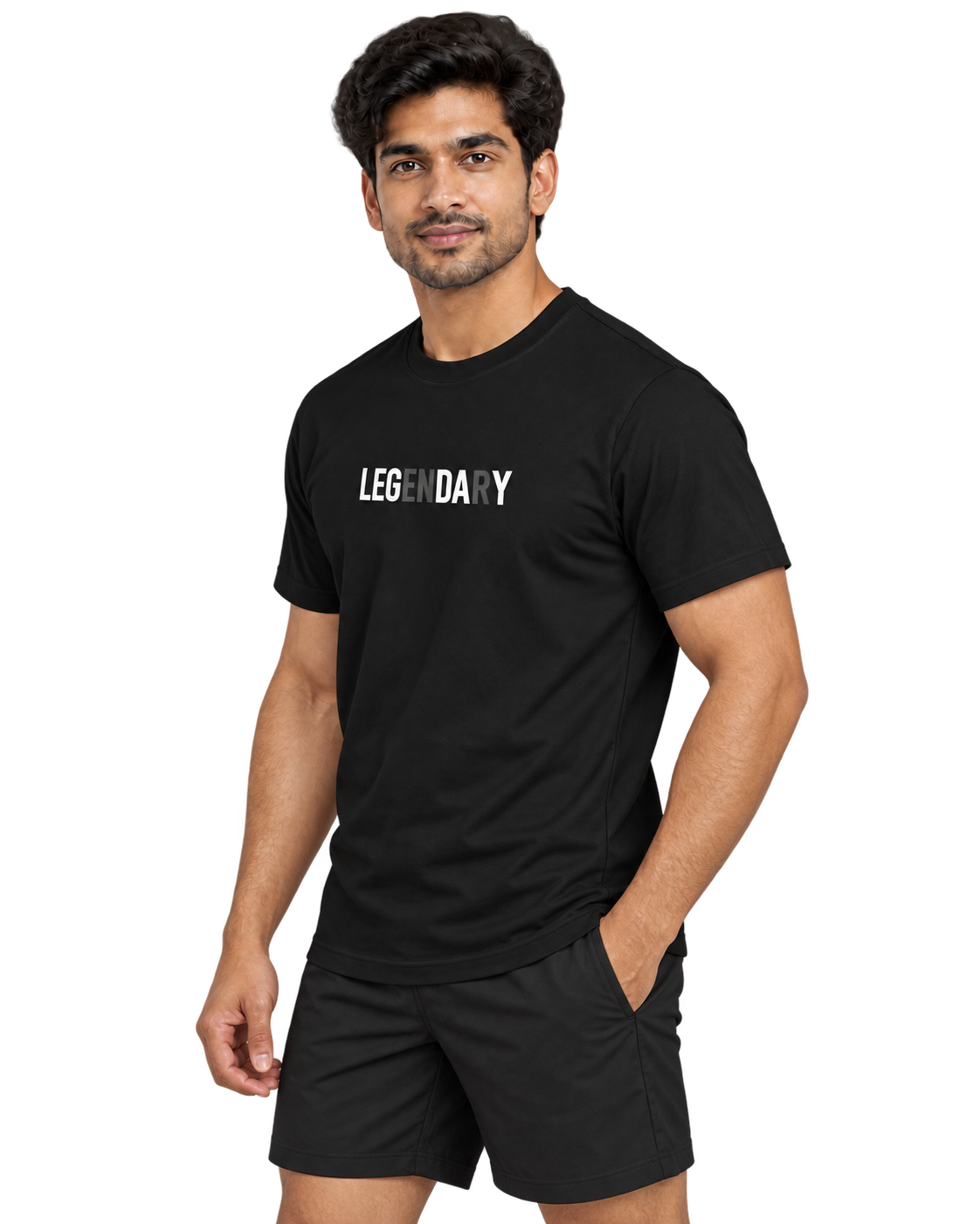 SWANKYFY black regular fit LEGENDARY cotton T-shirt three-quarter on Indian model, transparent background