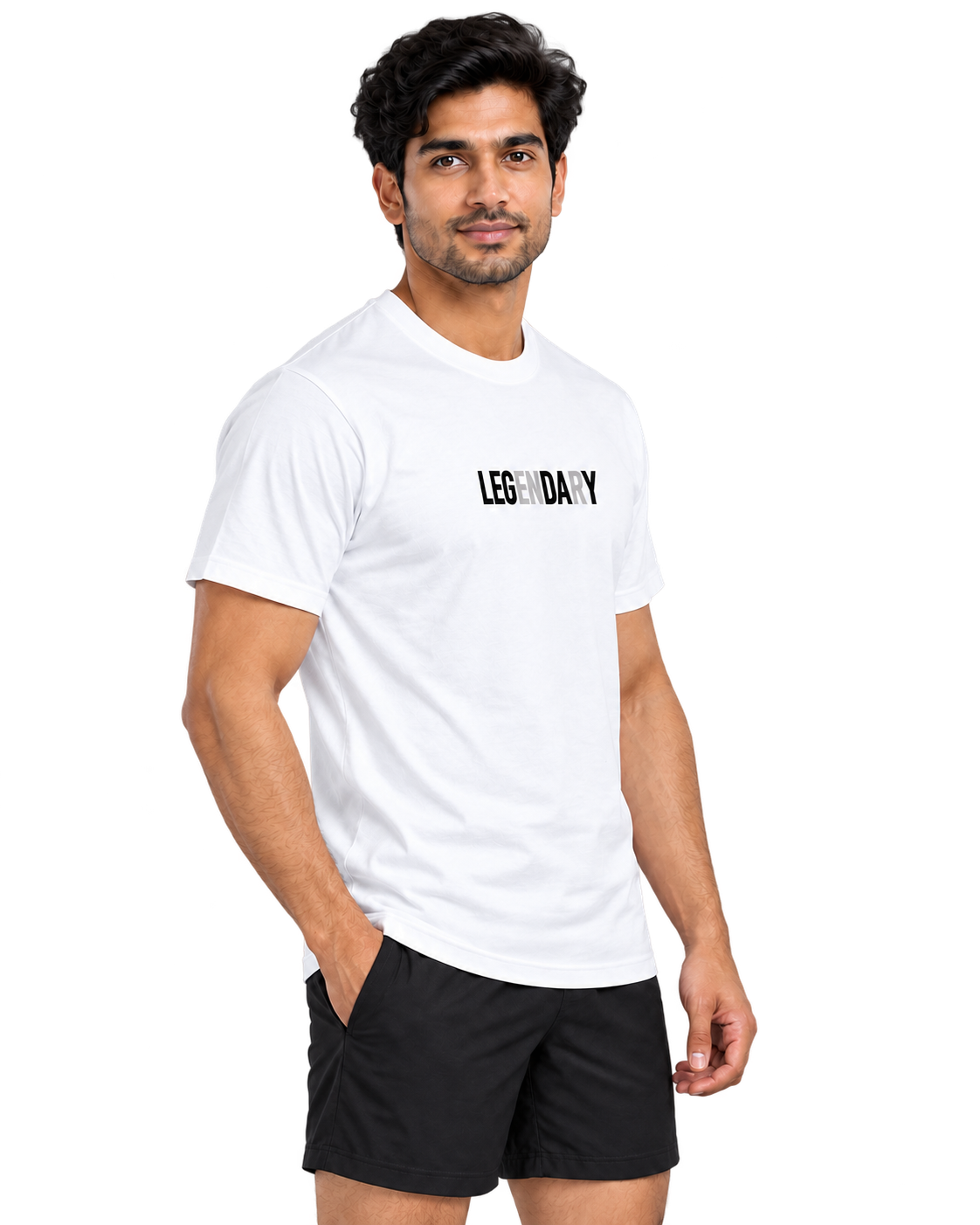 SWANKYFY regular fit white LEGENDARY cotton T-shirt three-quarter, transparent background