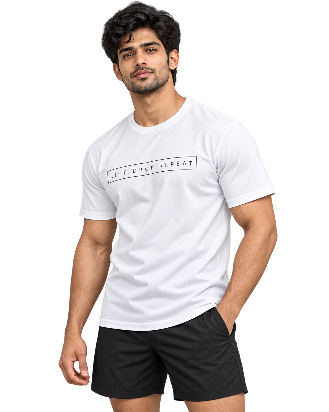 White Lift Drop Repeat cotton T-shirt three-quarter model view