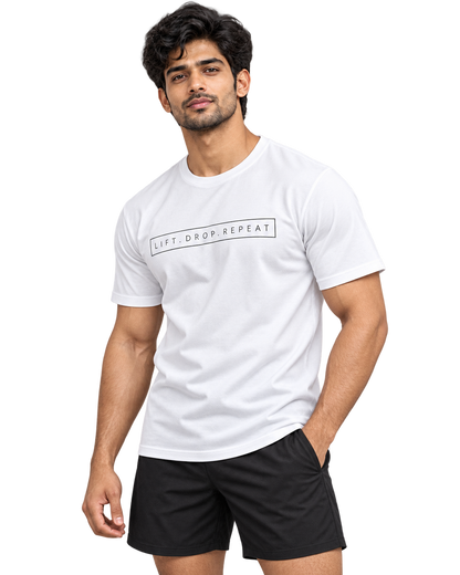 White Lift Drop Repeat cotton T-shirt three-quarter model view