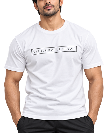 White Lift Drop Repeat T-shirt natural DTF print close-up
