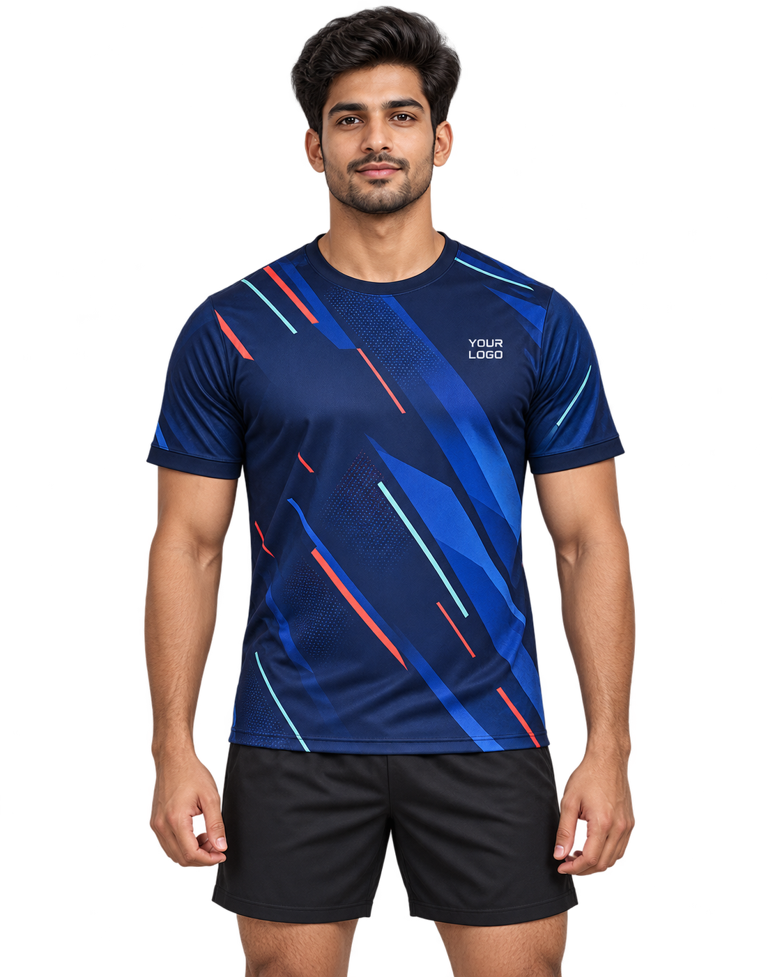 Midnight Relay custom round-neck sports jersey front view on model wearing plain black sports shorts