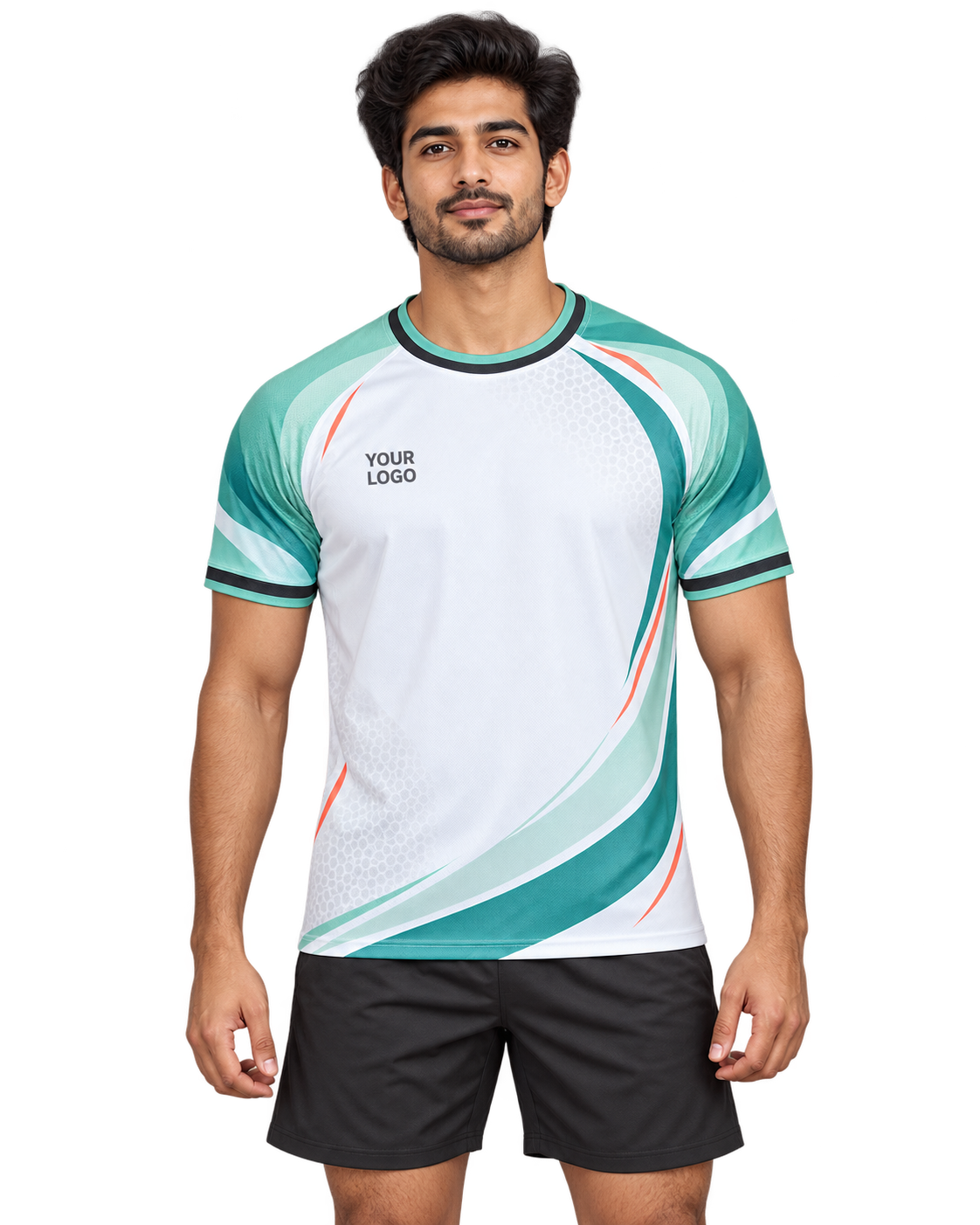 Mint Horizon custom round-neck sports jersey front view on model wearing plain black sports shorts