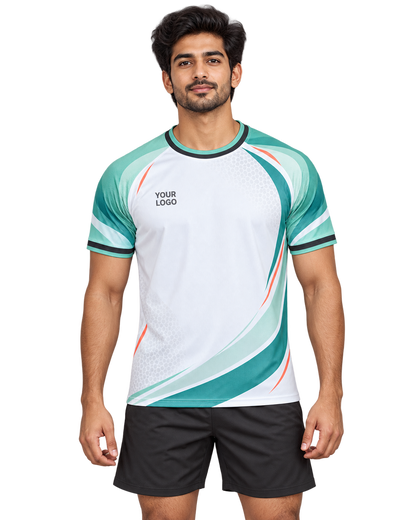 Mint Horizon custom round-neck sports jersey front view on model wearing plain black sports shorts