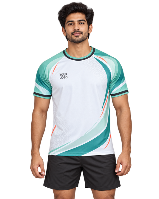 Mint Horizon custom round-neck sports jersey front view on model wearing plain black sports shorts