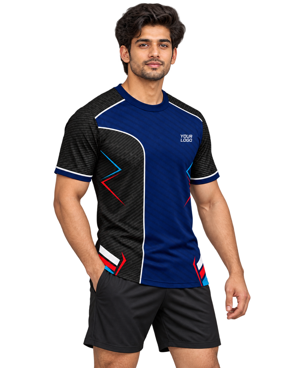 Navy Velocity jersey front three-quarter view