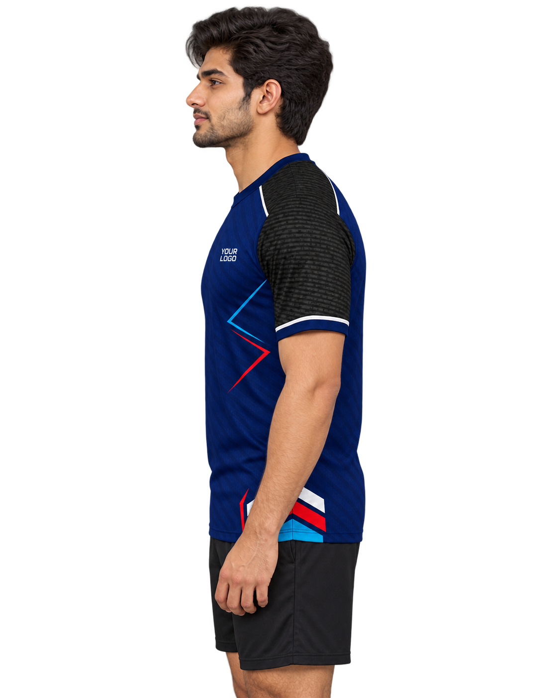 Navy Velocity sports jersey left-facing profile