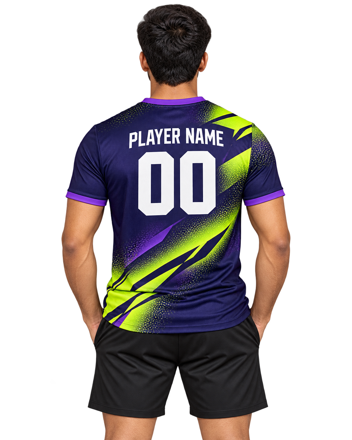 Night Current violet and lime V-neck sports jersey worn by Indian male model with plain black athletic shorts, back view with custom player name and number