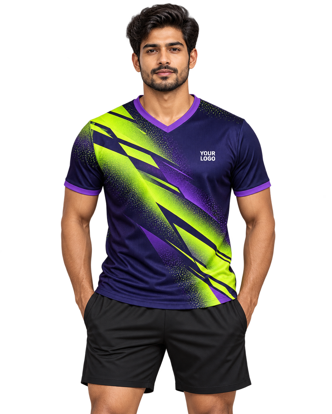 Night Current violet and lime V-neck sports jersey worn by Indian male model with plain black athletic shorts, front view