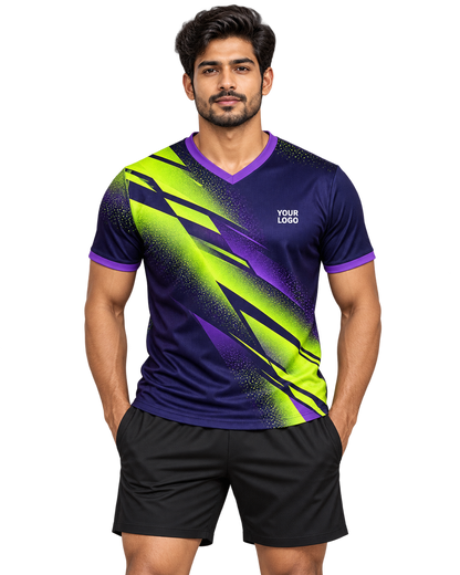 Night Current violet and lime V-neck sports jersey worn by Indian male model with plain black athletic shorts, front view